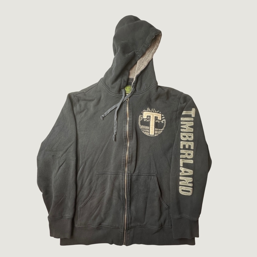 Timberland Hoodie Mens L Full Zip Black Graphic Sleeve Logo Fleece Sweatshirt